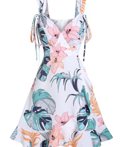 Dresslily Women Tropical Leaf Flower Print Vacation Dress Cinched Flounce Hem A Line Mini Dress Clothing M White