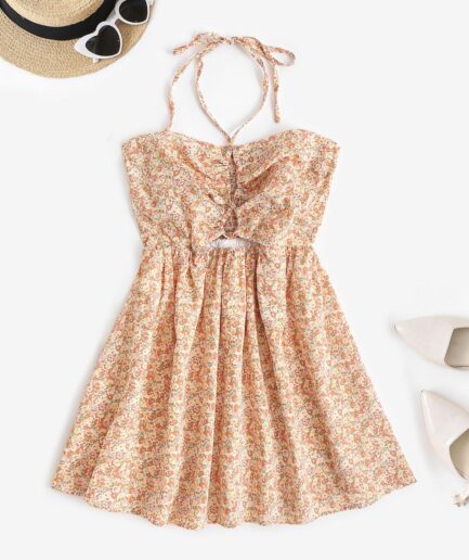 Mini Dress Ditsy Floral Lace Up Smocked Back Sundress M
