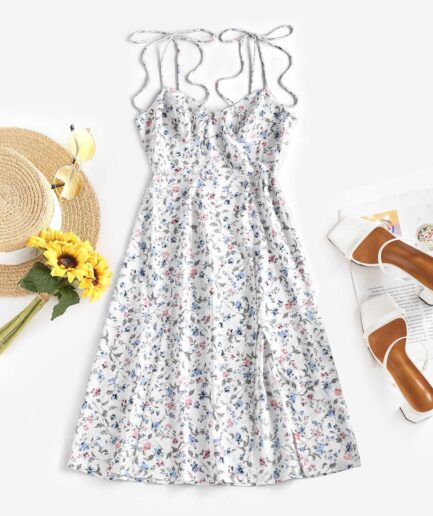 Mini Dress ZAFUL Ditsy Print Tie Shoulder Slit Cupped Dress M White