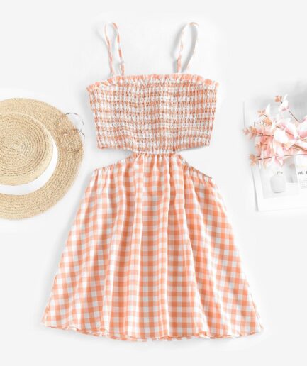 Mini Dress ZAFUL Gingham Cutout Smocked Cami Sundress M Light orange