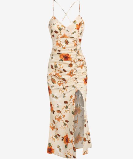 Print ZAFUL Cinched Flower Slit Slinky Slip Dress L Light coffee