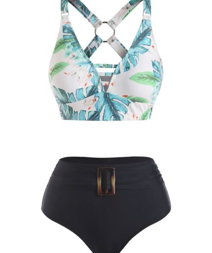 Dresslily Women Tropical Print Crossover Padded Bikini Swinsuit Swimsuit L Black