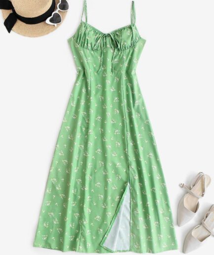 Print Floral Ruched Bust Split Hem Midi Dress M Green