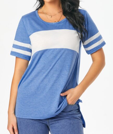 Women Colorblock Slit High Low T-shirt Clothing M Light blue