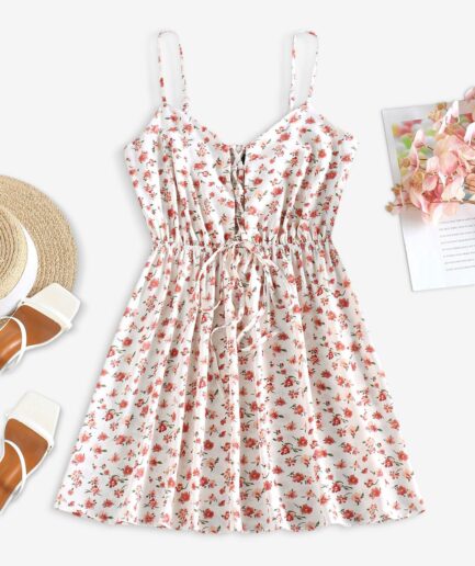 Mini Dress ZAFUL Ditsy Floral Lace Up Cami Sundress M White