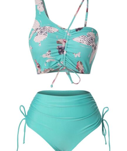 Dresslily Women Asymmetrical Butterfly Print Cinched Tie Bikini Swimwear Swimsuit L Green