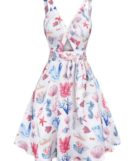 Dresslily Women Allover Marine Life Print Vacation Mini Dress Crossover V Neck Cutout Bowknot Belt A Line Dress Clothing M White