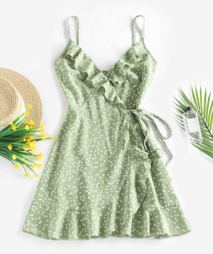 Mini Dress ZAFUL Ditsy Heart Print Ruffles Sleeveless Cami Wrap A-Line High Waist Spring Summer Vacation Feminine Versatile Mini Dress with Spaghetti