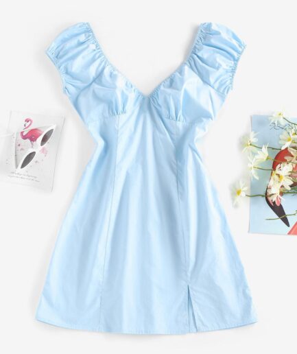 Mini Dress ZAFUL Puff Sleeve Ruched Slit Pastel Dress M Light blue
