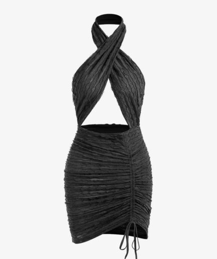 Bodycon Dress Halter Crossover Frilled Cutout Ruched Slinky Open Back Vegas Dress M Black