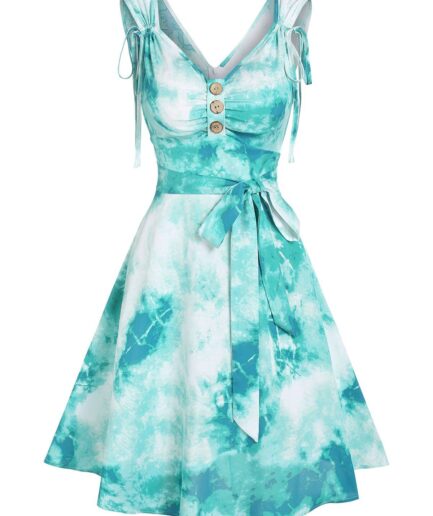 Dresslily Women Ocean Tie Dye Print Mini Dress knotted Cinched Straps A Line Dress Mock Button V Back Ruched Sleeveless Dress Clothing M Light green