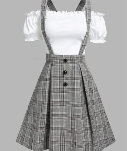 Women Vintage Ruched Off The Shoulder Tee and Crisscross Plaid Suspender Skirt Set S White