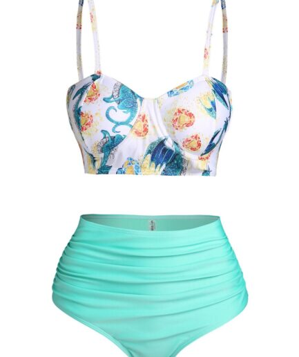 Dresslily Women Flying Dragon Heart Print Underwire Bikini Swimsuit Swimsuit M Light green
