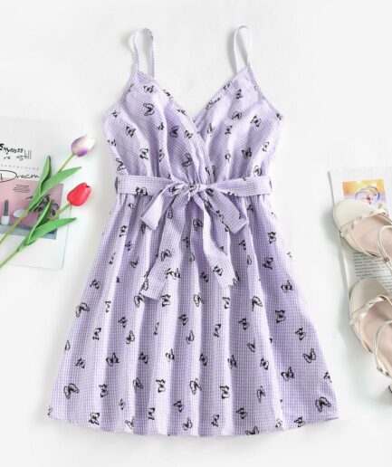 Mini Dress ZAFUL Cami Gingham Butterfly Belted Mini Dress M Light purple