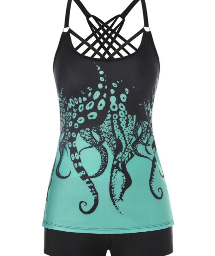 Dresslily Women Tummy Control Tankini Swimsuit Crisscorss Octopus Print Swimwear Boyshort Summer Beach Bathing Suit Swimsuit M Green