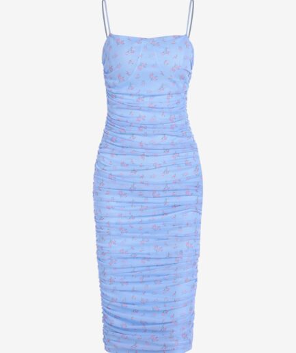 Bodycon Dress Cami Ditsy Floral Mesh Overlay Ruched Bodycon Dress M Blue