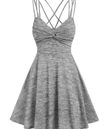 Dresslily Women Space Dye Print Mini Dress Crisscross Back Strappy Dress Front Twisted Casual Dress Clothing L Gray