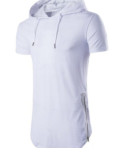 Men T-Shirts Drawstring Curved Hem Zipper Slit Hooded T Shirt Clothing Online L White