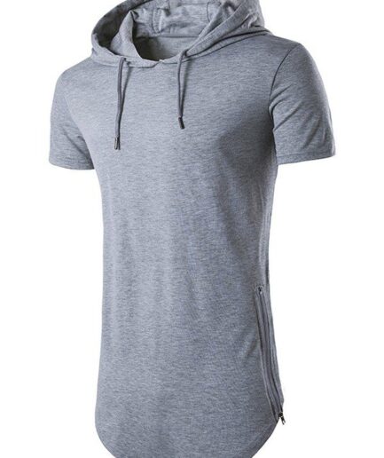 Men T-Shirts Drawstring Curved Hem Zipper Slit Hooded T Shirt Clothing Online L Light gray