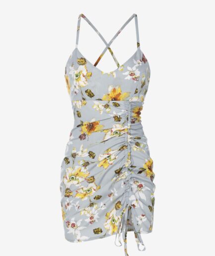 Print Cross Flower Print Cinched Slip Dress M Gray