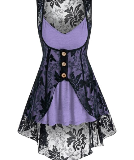 Dresslily Women Heathered Flare Skirted Cami Top and Mock Button Slit Flower Lace Vest Set Clothing L Light purple