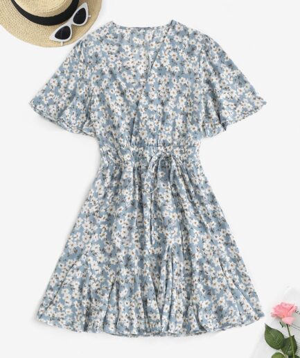 Mini Dress Tie Waist Flutter Sleeve Floral Surplice Mini Dress M Blue