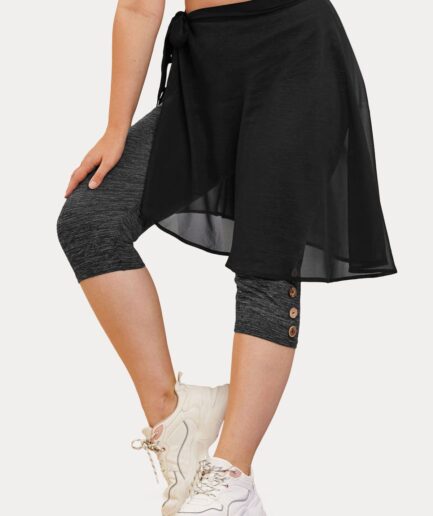 Dresslily Women Plus Size Space Dye Capri Leggings and Wrap Skirt Set Clothing Online L Black
