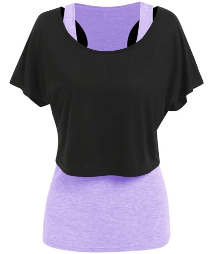 Women Sporty Cropped Plain Scoop Neck T Shirt and Heathered Tank Top Set Clothing S Light purple