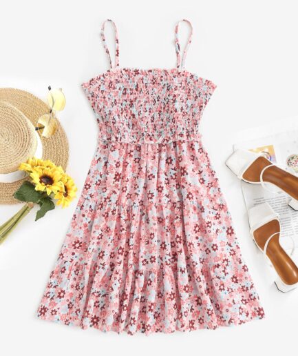 Print ZAFUL Flower Print Smocked Tiered Dress M Light pink