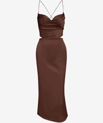 Mini Dress Cowl Front Silky Tie Open Back Midi Dress M Coffee
