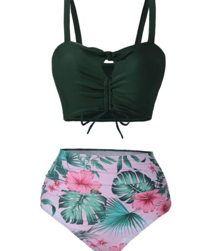 Dresslily Women Tropical Print Cinched Padded Bikini Swimsuit Swimsuit L Deep green