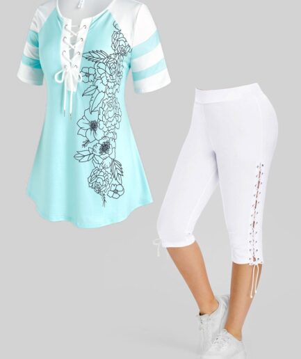 Dresslily Plus Size Flower Lace Up T-shirt and Lace Up Capri Leggings Outfit L Multicolor