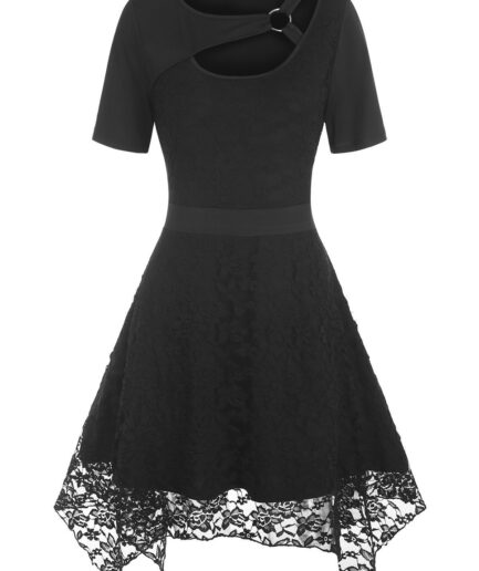 Dresslily WomenFRDresslily Femme Plus Size Dress A Line Dress Lace Overlay O Ring Cut Out Solid Color Mini Dress Clothing Online L Black
