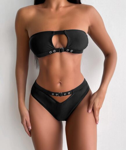 ZAFUL High Waisted Studded Cut Out Bandeau Bikini Swimwear M Black