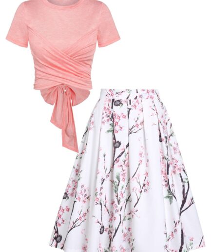 Women Cross Wrap Bowknot Heathered Top and Butterfly Rose Flower Pleated Skirt Outfit L White