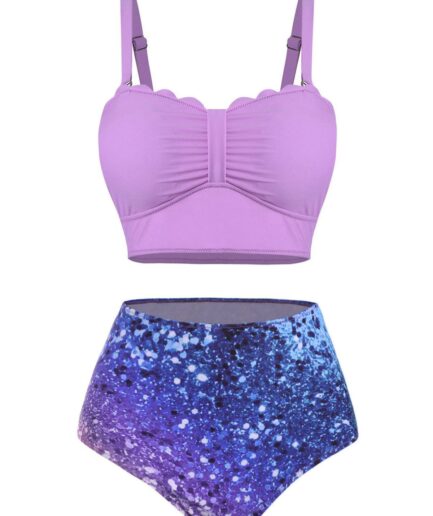 Dresslily Women Plus Size Scalloped Printed Tummy Control Bikini Swimwear Swimsuit Beachwear L Purple