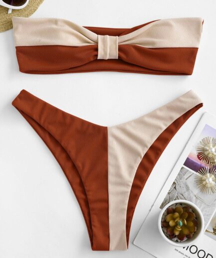 ZAFUL Ribbed Two Tone Bow Bandeau Bikini Swimwear M Coffee