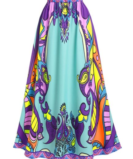 Women Ethnic Colorful Print Maxi Skirt Clothing L Green