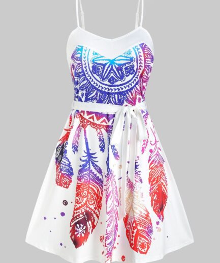Dresslily WomenFRDresslily Femme Plus Size Dress Bohemian Cami Dress Dream Catcher Print Belted A Line Mini Dress Clothing Online L White