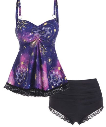 Dresslily Women Modest Tankini Swimsuit Vintage Swimwear Celestial Sun Moon Print Lace Insert Ruched Beach Bathing Suit Swimsuit M Purple