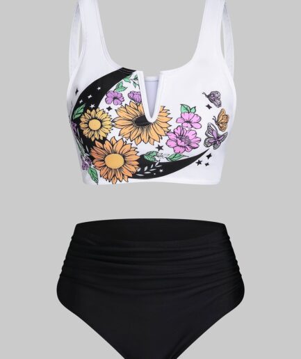Dresslily Women Vintage Tankini Swimsuit Tummy Control Swimwear Sunflower Print Ruched V Notch Beach Bathing Suit Swimsuit M Black