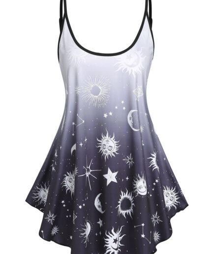 Dresslily Women Sun Moon Print Ombre Color Asymmetrical Hem Skirted Tent Cami Top Clothing S Black