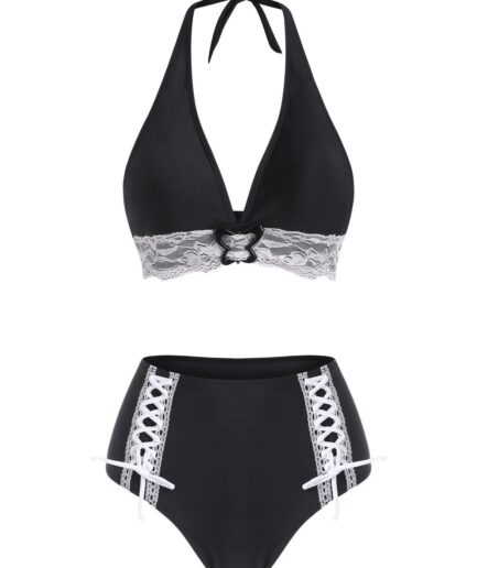 Dresslily Women Gothic Bikini Swimsuit Halter Bathing Suit Lace Up Lace Panel Plunge Butterfly Ring High Waisted Swimwear Swimsuit L Black
