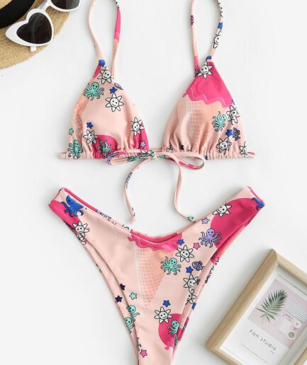 ZAFUL Octopus Ice Cream Print High Cut Bikini Swimwear L Light pink