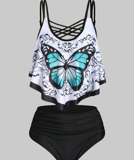 Dresslily Women Gothic Tankini Swimsuit Ruffle Butterfly Print Bathing Suit Crisscross Tummy Control Swimwear Swimsuit M Black