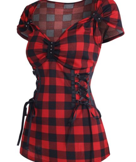 Women Corset Lace Up T Shirt Sweetheart Neck Plaid Checkerboard Tee Clothing L Red