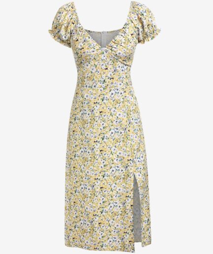 Mini Dress ZAFUL Ditsy Print Puff Sleeve High Slit Dress L Light yellow
