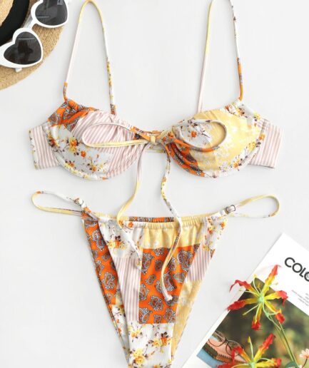 ZAFUL Ribbed Underwire Bohemian Printed Bikini Swimwear M Orange