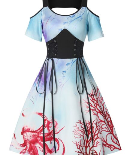 Women Marine Life Cut Out Lace up Mini Dress Clothing L Multicolor