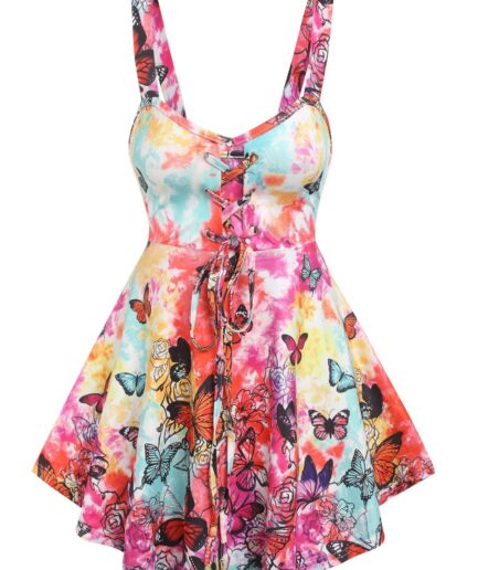 Dresslily Women Summer Vacation Tie Dye Tank Top Lace Up Colorful Butterfly Print Skirted Cami Top Clothing M Multicolor